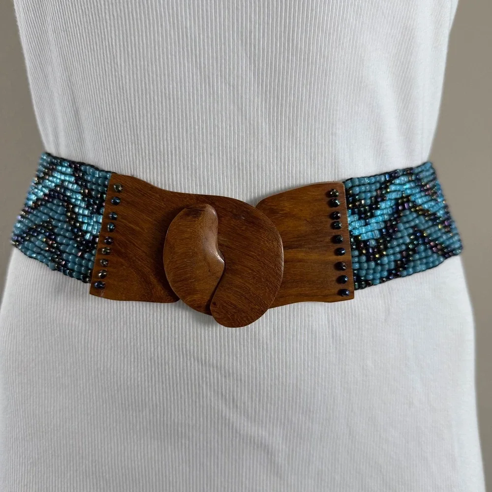 Beaded Elastic Stretch Waist Belt Blue Wood Buckle Festival Boho Artisan